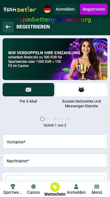 Registrierung per E-Mail bei SpinBetter – Schritt 1
